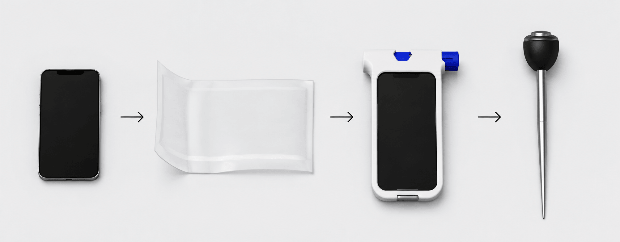 The Bolt system in sequence: a phone, the single-use sterile drape, the phone seated in the Bolt Navigation Unit, and the surgical instrument it mounts to